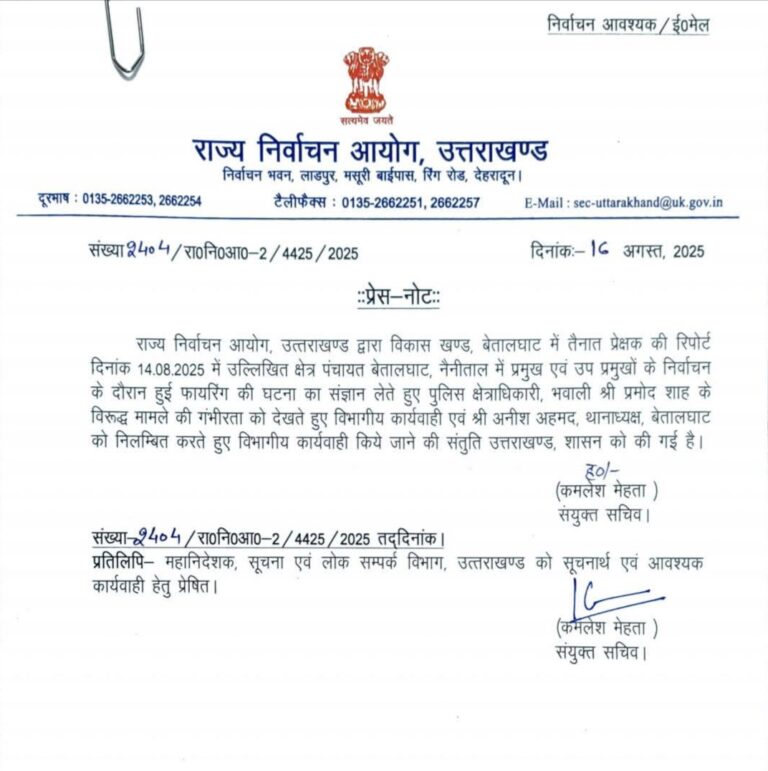 “बेतालघाट फायरिंग कांड: निर्वाचन आयोग सख्त, CO प्रमोद शाह पर विभागीय कार्यवाही, थानाध्यक्ष अनीश अहमद निलंबित”