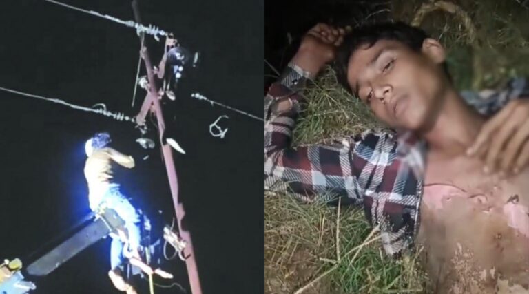 हाईटेंशन लाइन चोरी करने पहुंचा चोर बना “झुलसा खिलाड़ी” — तार काटते ही आई बिजली, खंभे पर झूलता देख उड़ गए सबके होश!