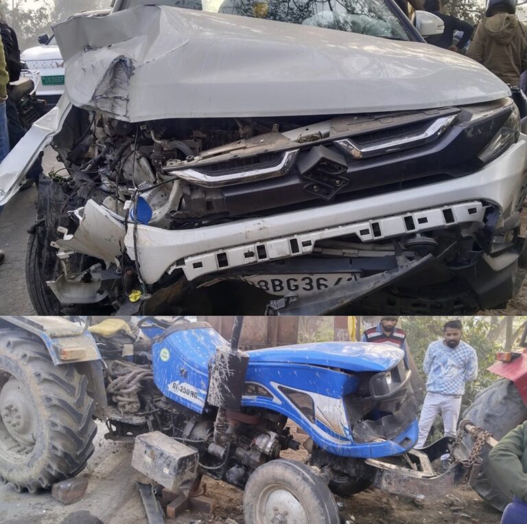 “बहादराबाद–कलियर मार्ग पर बड़ा सड़क हादसा टलने से मचा हड़कंप, ब्रेजा कार का टायर फटने के बाद अनियंत्रित होकर ट्रैक्टर से हुई जोरदार टक्कर”