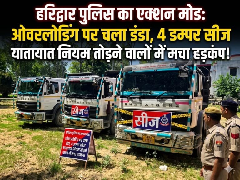 “हरिद्वार पुलिस का बड़ा एक्शन: सड़क सुरक्षा को लेकर सख्त अभियान, ओवरलोडिंग और यातायात नियमों की धज्जियां उड़ाने वालों पर कसा शिकंजा—खनन सामग्री से भरे 4 डम्पर सीज, वाहन चालकों में मचा हड़कंप!”