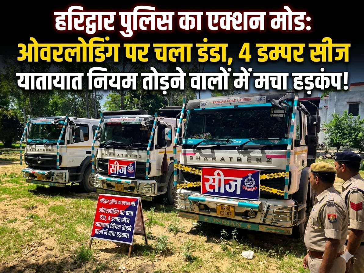 “हरिद्वार पुलिस का बड़ा एक्शन: सड़क सुरक्षा को लेकर सख्त अभियान, ओवरलोडिंग और यातायात नियमों की धज्जियां उड़ाने वालों पर कसा शिकंजा—खनन सामग्री से भरे 4 डम्पर सीज, वाहन चालकों में मचा हड़कंप!”