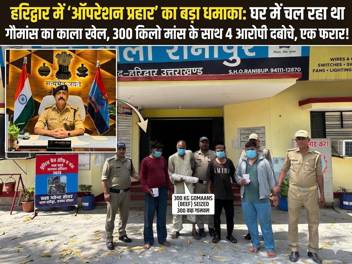 “हरिद्वार में ‘ऑपरेशन प्रहार’ का ताबड़तोड़ एक्शन: घर के अंदर सज रहा था गौमांस का काला बाज़ार, 300 किलो मांस और कटान के औजारों संग 4 आरोपी धर दबोचे, एक फरार—इलाके में मचा हड़कंप!”