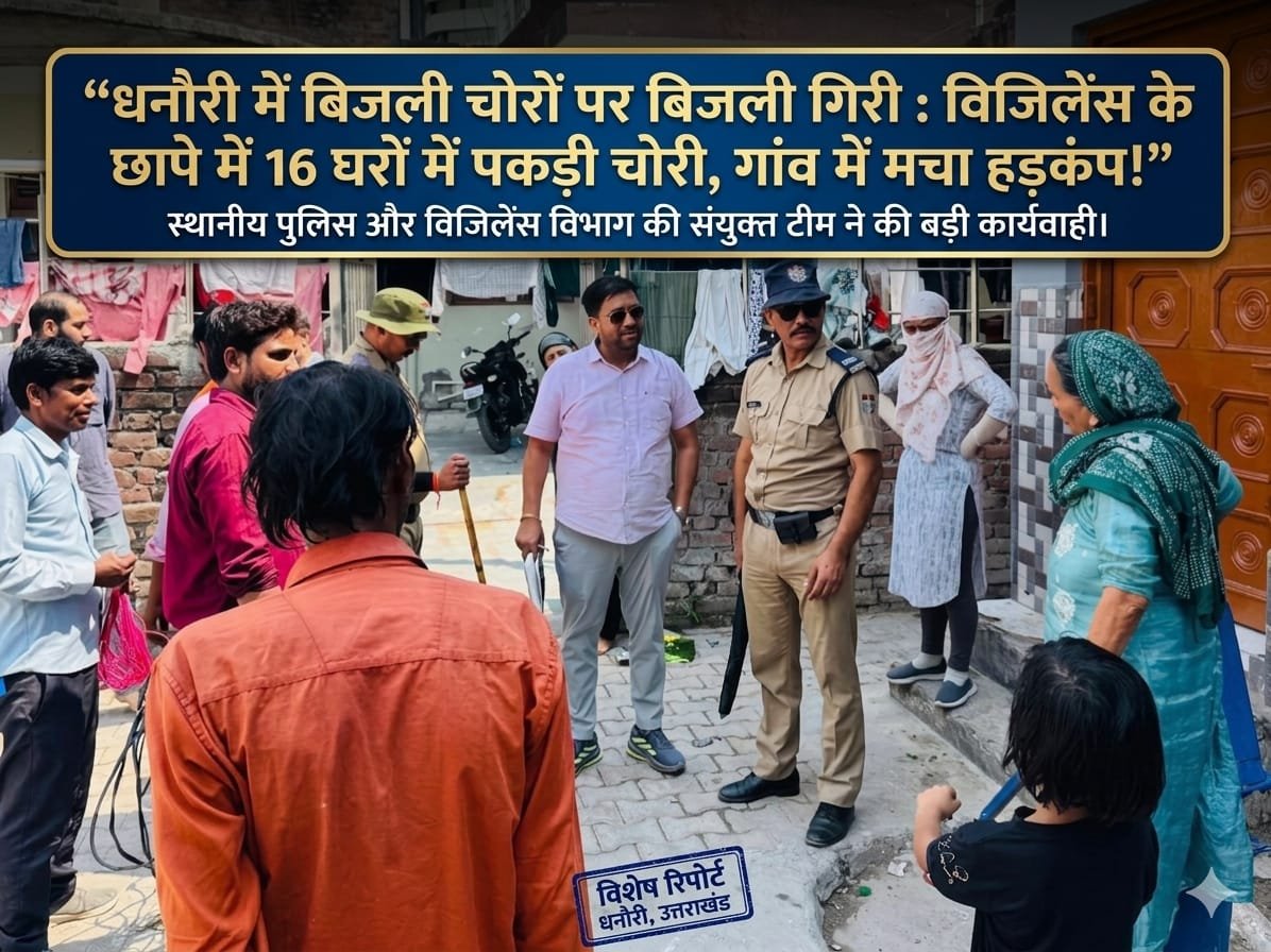“धनौरी में बिजली चोरों पर कड़ा प्रहार: विजिलेंस टीम के ताबड़तोड़ छापों से मचा हड़कंप, 16 घरों में मीटर से पहले कट लगाकर हो रही चोरी का बड़ा खुलासा, केबल जब्त—मुकदमे की तैयारी तेज!”