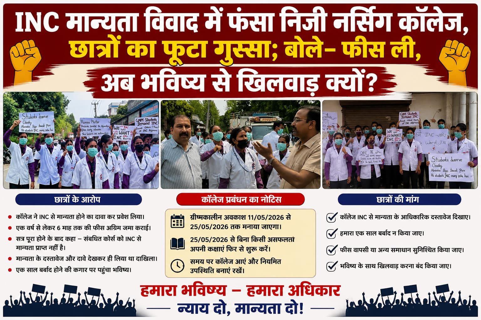 “हरिद्वार के निजी नर्सिंग कॉलेज में मान्यता को लेकर हंगामा, छात्रों का फूटा गुस्सा; बोले- पहले लिया एडमिशन और फीस, अब कहा INC से मान्यता नहीं”