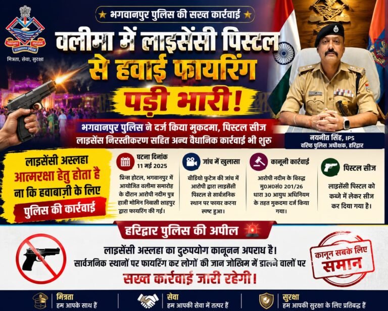 “वलीमा की खुशियां बनी मुसीबत — लाइसेंसी पिस्टल से हवाई फायरिंग करने वाला चढ़ा भगवानपुर पुलिस के हत्थे, मुकदमा दर्ज होते ही पिस्टल सीज और लाइसेंस रद्द करने की कार्रवाई शुरू!”
