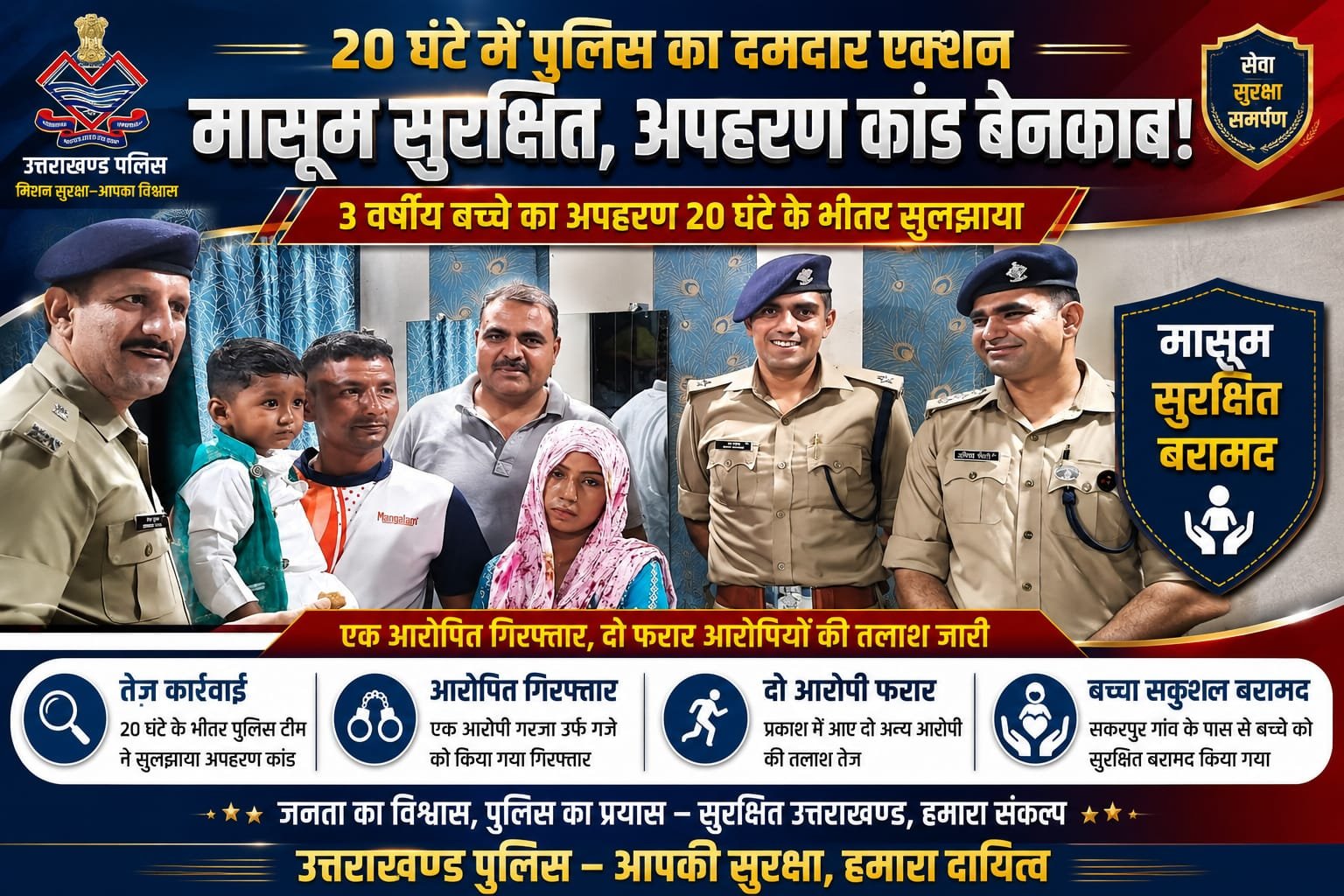 “20 घंटे में पुलिस का बड़ा एक्शन: 3 साल के मासूम का अपहरण कांड बेनकाब, बच्चा सकुशल बरामद, एक आरोपी गिरफ्तार, दो फरार बदमाशों की तलाश तेज!”