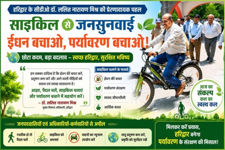 “सरकारी गाड़ी छोड़ साइकिल पर निकले हरिद्वार के सीडीओ डॉ. ललित नारायण मिश्र, जनसुनवाई में पहुंचकर दिया बड़ा संदेश — ‘हर कदम बनेगा पर्यावरण बचाने की मुहिम, ईंधन बचाओ और स्वस्थ जीवन अपनाओ!’”