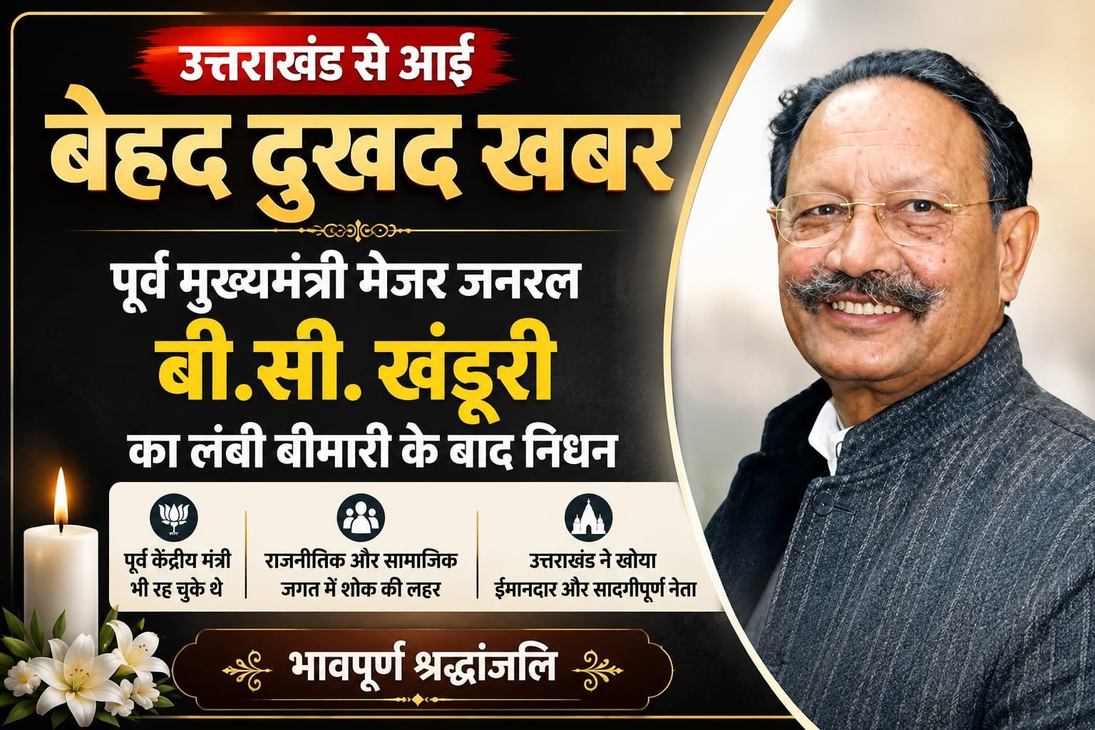 “उत्तराखंड की राजनीति को बड़ा झटका: पूर्व मुख्यमंत्री मेजर जनरल बी.सी. खंडूरी का निधन, शोक में डूबा पूरा प्रदेश”