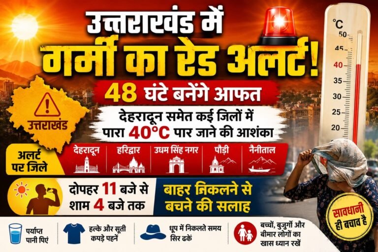 “उत्तराखंड में गर्मी का रेड अलर्ट! 48 घंटे बनेंगे आफत, देहरादून समेत कई जिलों में पारा 40°C पार, दोपहर में घर से निकलना पड़ सकता है भारी”
