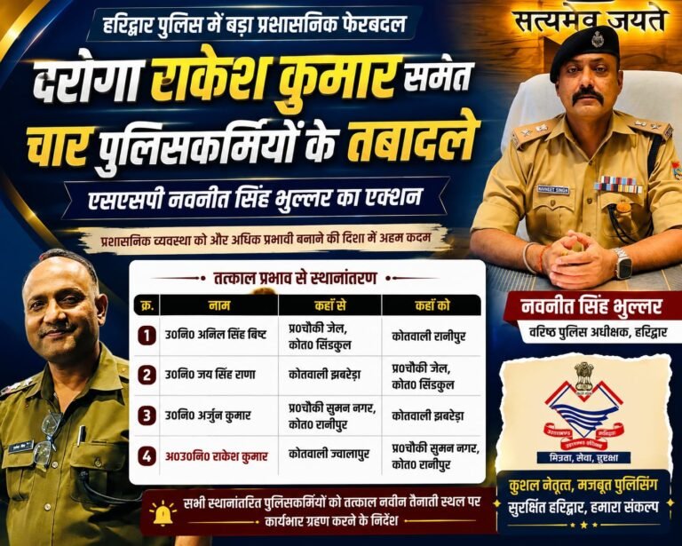 “दरोगा राकेश कुमार समेत चार पुलिसकर्मियों के तबादले: एसएसपी नवनीत सिंह भुल्लर का बड़ा प्रशासनिक फेरबदल, हरिद्वार पुलिस महकमे में मची हलचल”