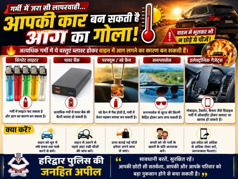“भीषण गर्मी में वाहन के अंदर न छोड़ें ये सामान, हरिद्वार पुलिस की जनहित अपील”