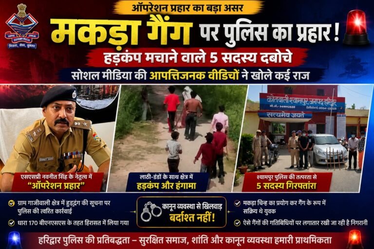 “हरिद्वार में “मकड़ा गैंग” पर पुलिस का सबसे बड़ा वार! लाठी-डंडों के साथ हुड़दंग मचाने वाले 5 सदस्य दबोचे गए, सोशल मीडिया की आपत्तिजनक वीडियो ने खोली गैंग की पूरी पोल, ऑपरेशन प्रहार के तहत श्यामपुर पुलिस की ताबड़तोड़ कार्रवाई!”