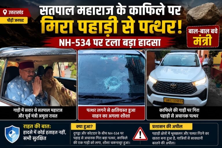 “उत्तराखंड में टला बड़ा हादसा: सतपाल महाराज के काफिले पर पहाड़ी से गिरा विशाल पत्थर, चकनाचूर हुआ गाड़ी का शीशा, बाल-बाल बचे मंत्री और पूर्व मंत्री अमृता रावत”