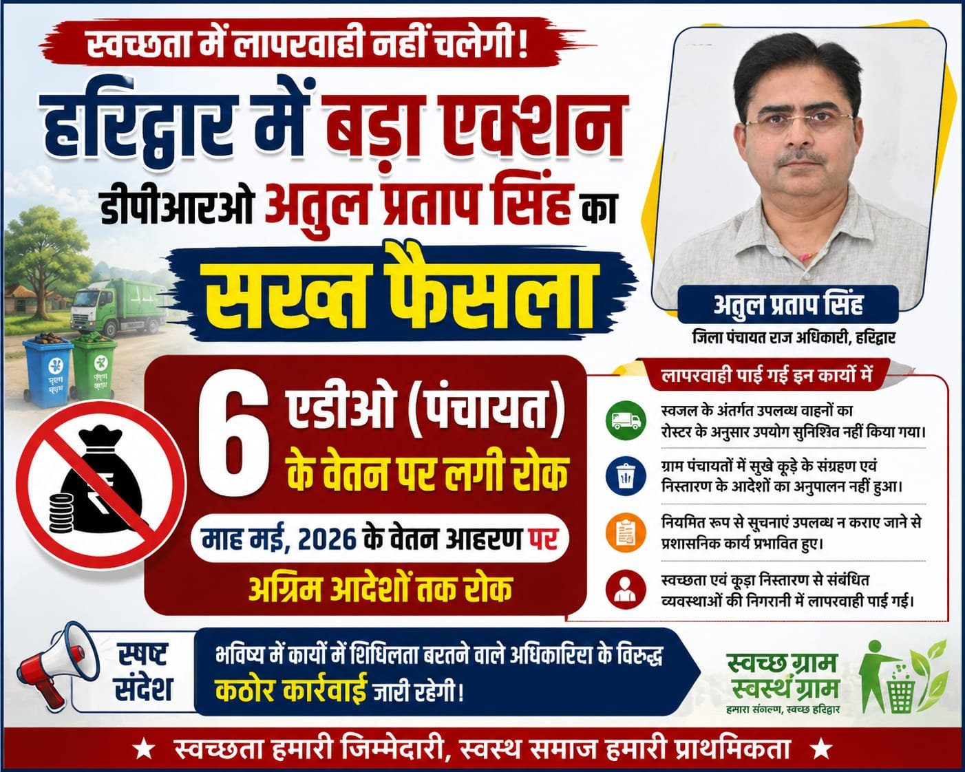 ”काम नहीं तो वेतन नहीं’— डीपीआरओ अतुल प्रताप सिंह का सख्त संदेश, ग्रामीण स्वच्छता अभियान में लापरवाही पर 6 एडीओ (पंचायत) के वेतन आहरण पर रोक”