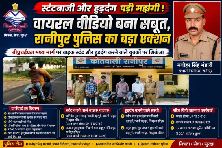 “वायरल वीडियो ने पहुंचाया सलाखों तक! बीएचईएल रोड पर स्टंटबाजी और हुड़दंग करने वाले युवकों पर रानीपुर पुलिस का बड़ा एक्शन, दो बाइक सीज”