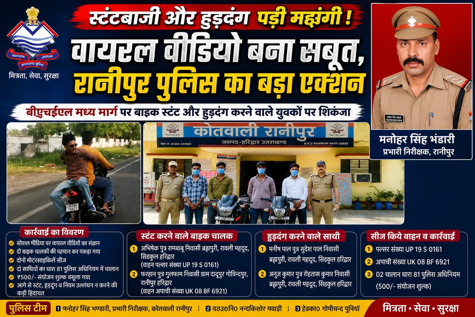 “वायरल वीडियो ने पहुंचाया सलाखों तक! बीएचईएल रोड पर स्टंटबाजी और हुड़दंग करने वाले युवकों पर रानीपुर पुलिस का बड़ा एक्शन, दो बाइक सीज”