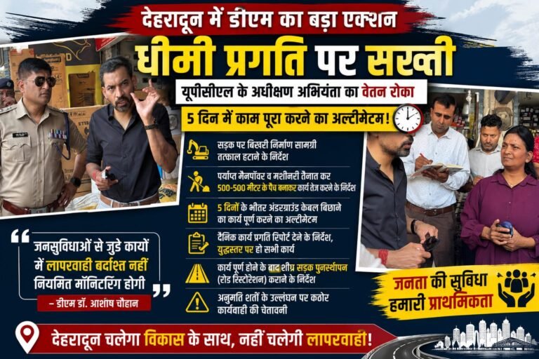 “देहरादून में डीएम का बड़ा एक्शन: धीमी रफ्तार पर यूपीसीएल के अधीक्षण अभियंता का वेतन रोका, 5 दिन में भूमिगत बिजली लाइन का काम पूरा करने का अल्टीमेटम!”