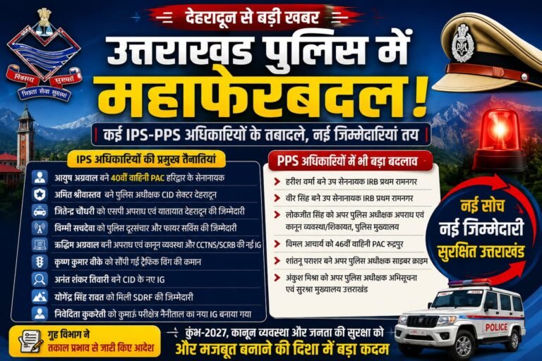 “उत्तराखंड पुलिस महकमे में बड़ा धमाका: कई IPS-PPS अधिकारियों के तबादले, कुंभ-2027 से लेकर ट्रैफिक और CID तक नई तैनातियां!”