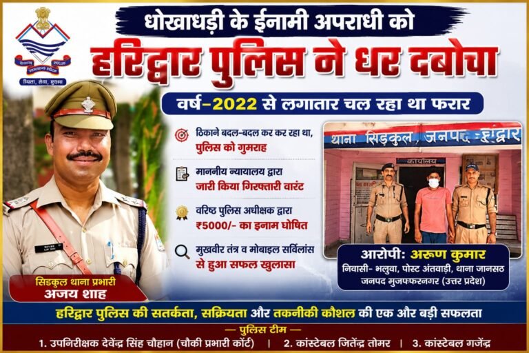 “चार साल से पुलिस की आंखों में धूल झोंक रहा था शातिर आरोपी, ठिकाने बदल-बदलकर गिरफ्तारी से बचता रहा, आखिरकार 5 हजार का इनामी धोखाधड़ी आरोपी हरिद्वार पुलिस के हत्थे चढ़ा।”