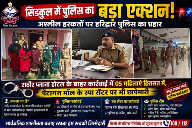 “सिडकुल में पुलिस का बड़ा एक्शन: होटल के बाहर अश्लील हरकतें कर रहीं 5 महिलाएं हिरासत में, पेंटागन मॉल के स्पा सेंटर पर भी छापा”