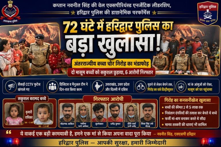 “मां के आंसुओं पर हरिद्वार पुलिस ने लगाया विराम: 72 घंटे में बच्चा चोरी गैंग का पर्दाफाश, दिल्ली-यूपी-उत्तराखंड में फैले नेटवर्क के 6 सदस्य दबोचे”