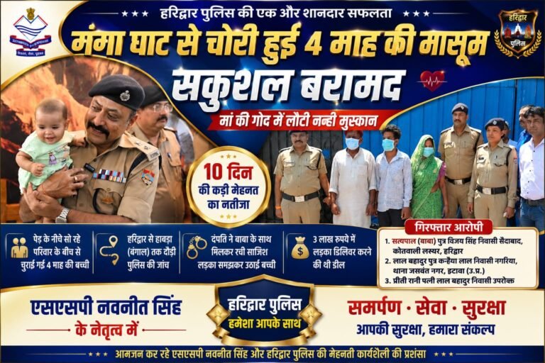 “हरिद्वार पुलिस का बड़ा कमाल: 10 दिन पहले घाट से चोरी हुई 4 माह की मासूम सकुशल बरामद, 3 लाख में बेटे की डील के चक्कर में बच्ची उठा ले गए थे आरोपी, बाबा समेत तीन गिरफ्तार”