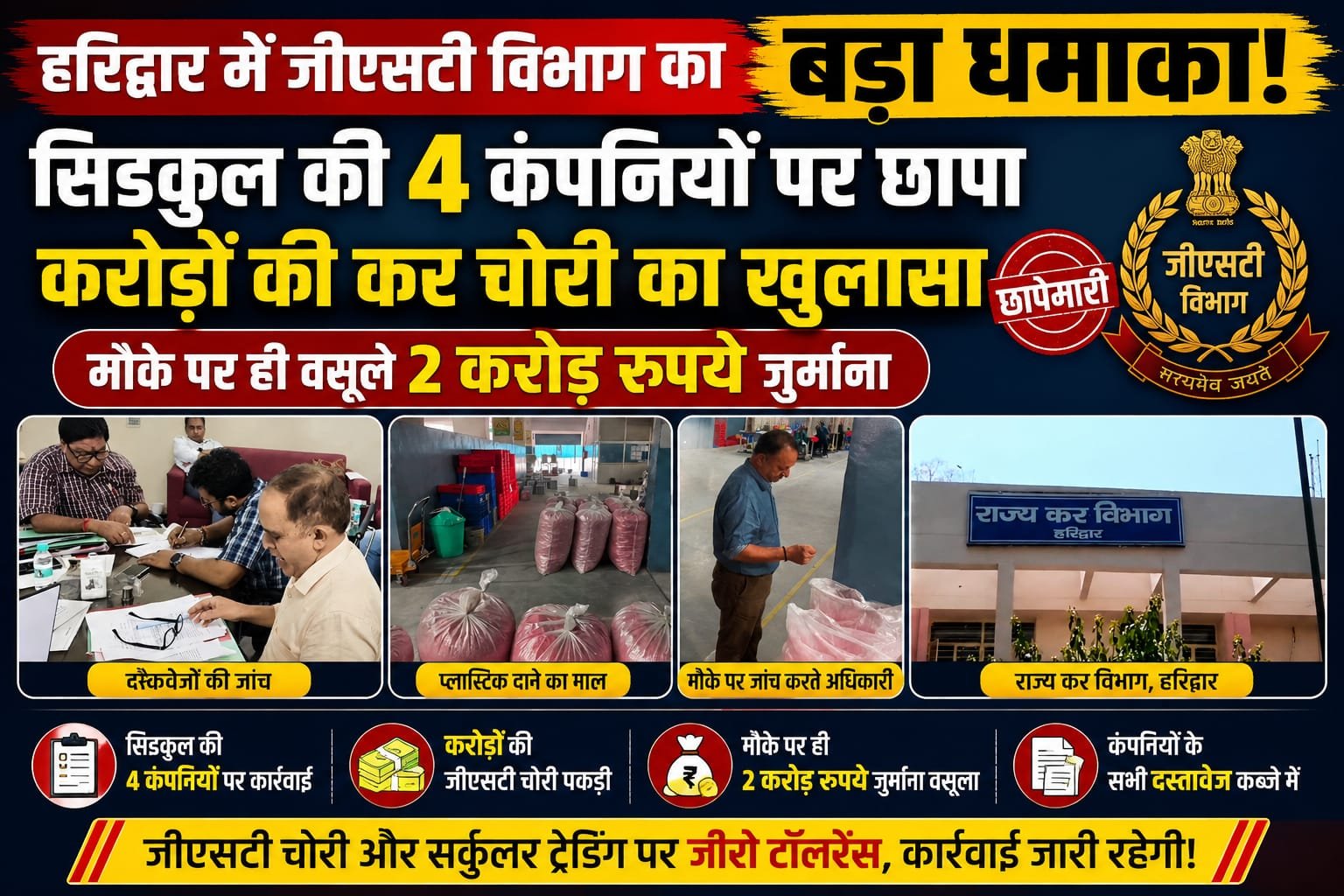 “हरिद्वार में जीएसटी विभाग का बड़ा धमाका: सिडकुल की 4 कंपनियों पर छापा, करोड़ों की कर चोरी का खुलासा, मौके पर ही वसूले 2 करोड़ रुपये”