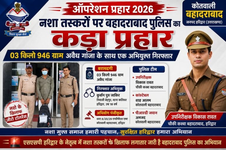 “हरिद्वार में नशा तस्करों पर पुलिस का सबसे बड़ा प्रहार! ऑपरेशन प्रहार के तहत बहादराबाद पुलिस ने 4 किलो गांजे के साथ तस्कर को दबोचा, एसएसपी के सख्त अभियान से मचा हड़कंप”