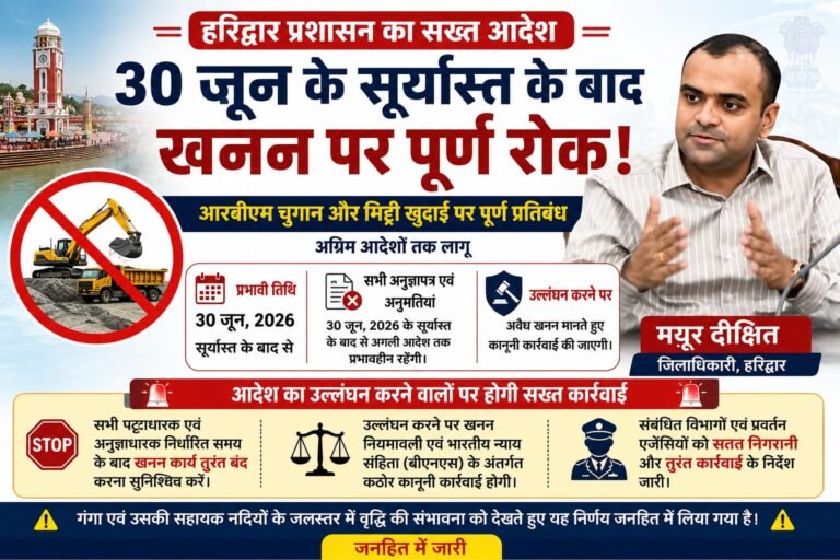 30 जून के सूर्यास्त के बाद हरिद्वार में खनन पर ब्रेक! डीएम मयूर दीक्षित का सख्त आदेश, आरबीएम चुगान और मिट्टी खुदाई पूरी तरह बंद, उल्लंघन किया तो होगी कड़ी कानूनी कार्रवाई