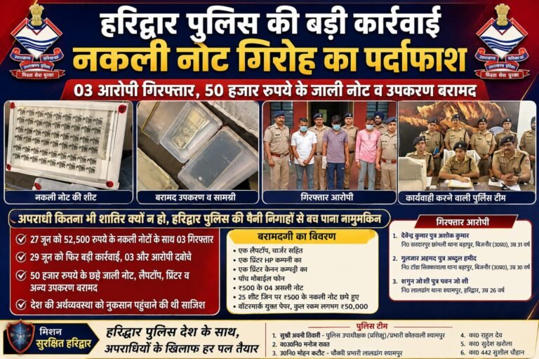 “हरिद्वार पुलिस का देश की अर्थव्यवस्था पर हमला करने वाले नकली नोट गिरोह पर सबसे बड़ा प्रहार, हाईटेक फैक्ट्री का पर्दाफाश, 50 हजार रुपये के जाली नोट, लैपटॉप-प्रिंटर समेत 3 शातिर गिरफ्तार”