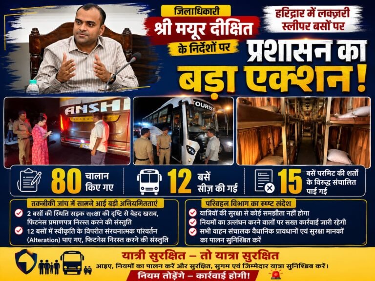 “हरिद्वार में लक्ज़री स्लीपर बसों पर प्रशासन का सबसे बड़ा एक्शन! डीएम मयूर दीक्षित के निर्देश पर 80 चालान, 12 बसें सीज़, नियम तोड़ने वालों में मचा हड़कंप”