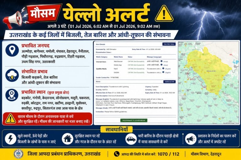 “उत्तराखंड में अगले तीन घंटे भारी मौसम का अलर्ट, कई जिलों में तेज बारिश, आंधी और बिजली गिरने की चेतावनी”