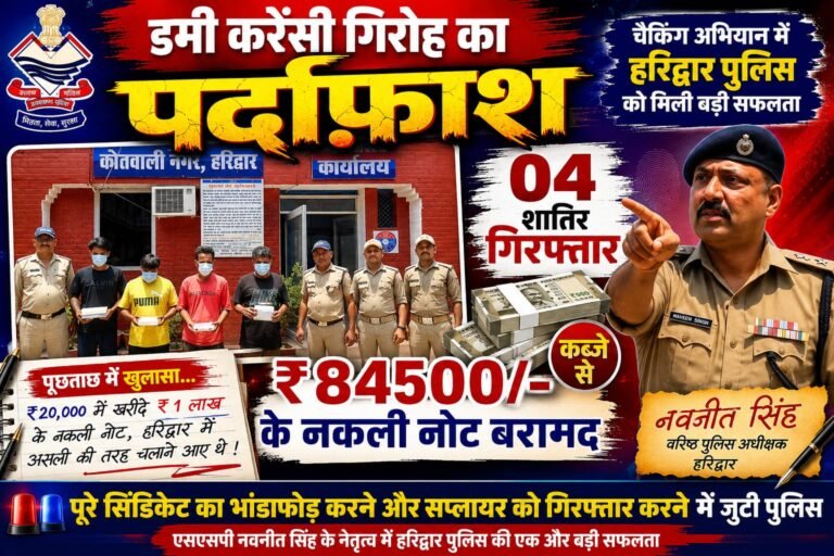 “₹20 हजार में खरीदे ₹1 लाख के जाली नोट, हरिद्वार में बाजार में खपाने पहुंचे पंजाब के 4 शातिर गिरफ्तार, ₹84,500 की डमी करेंसी बरामद, पूरे सिंडिकेट की तलाश में जुटी पुलिस”