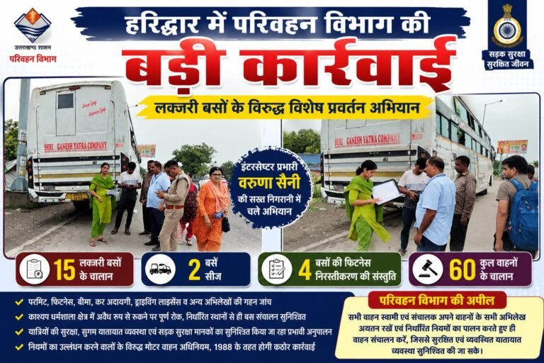 “इंटरसेप्टर प्रभारी वरुणा सैनी की निगरानी में हरिद्वार में लक्ज़री बसों पर बड़ा एक्शन 15 बसों के चालान, 2 सीज़, 4 की फिटनेस पर गिरी गाज”