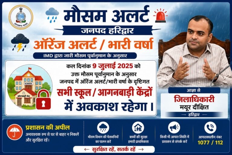 “हरिद्वार में भारी बारिश का ऑरेंज अलर्ट, 9 जुलाई को सभी स्कूल और आंगनबाड़ी केंद्र रहेंगे बंद”