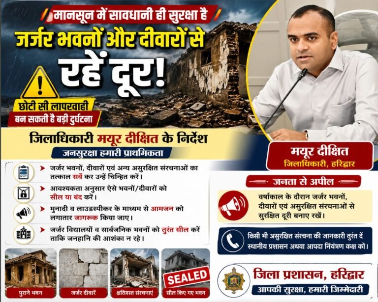 मानसून अलर्ट: हरिद्वार में जर्जर भवनों पर बड़ा एक्शन, डीएम मयूर दीक्षित का सख्त आदेश—पुरानी इमारतों से रहें दूर, नहीं तो कभी भी हो सकता है बड़ा हादसा!”