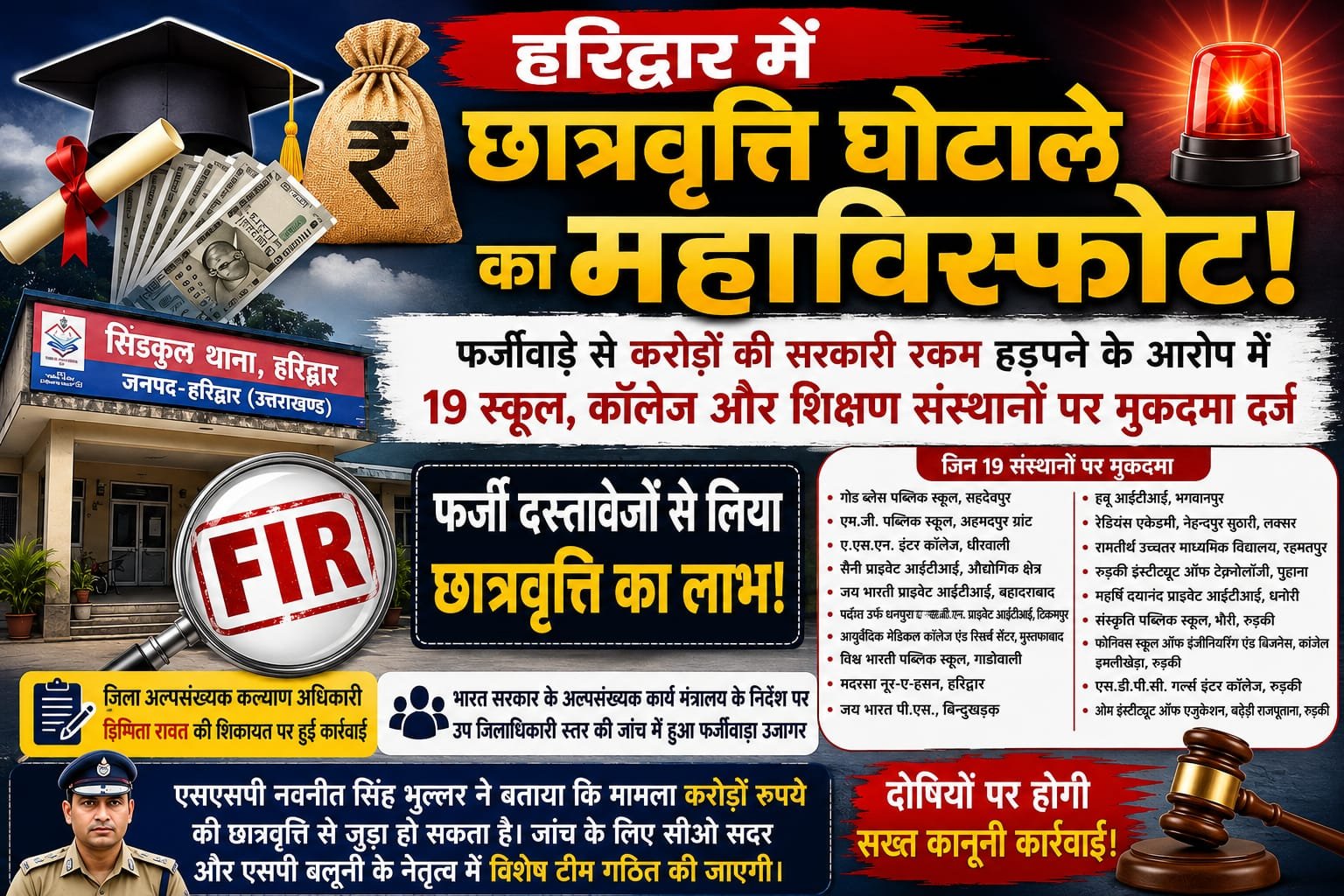 “छात्रवृत्ति के नाम पर करोड़ों का खेल! हरिद्वार के 19 स्कूल-कॉलेजों पर FIR, अब खुलेगा घोटाले का पूरा काला चिट्ठा”