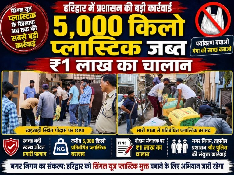 “हरिद्वार में प्लास्टिक के काले कारोबार पर सबसे बड़ा वार! 5,000 किलो प्रतिबंधित सिंगल यूज़ प्लास्टिक जब्त, गोदाम संचालक पर ₹1 लाख का तगड़ा चालान”