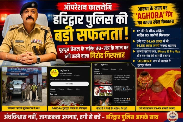 “ऑपरेशन कालनेमि में बड़ी कामयाबी: ‘AGHORA’ यूट्यूब चैनल के जरिए तंत्र-मंत्र के नाम पर लाखों की ठगी करने वाला गिरोह गिरफ्तार, ₹4.55 लाख बरामद”