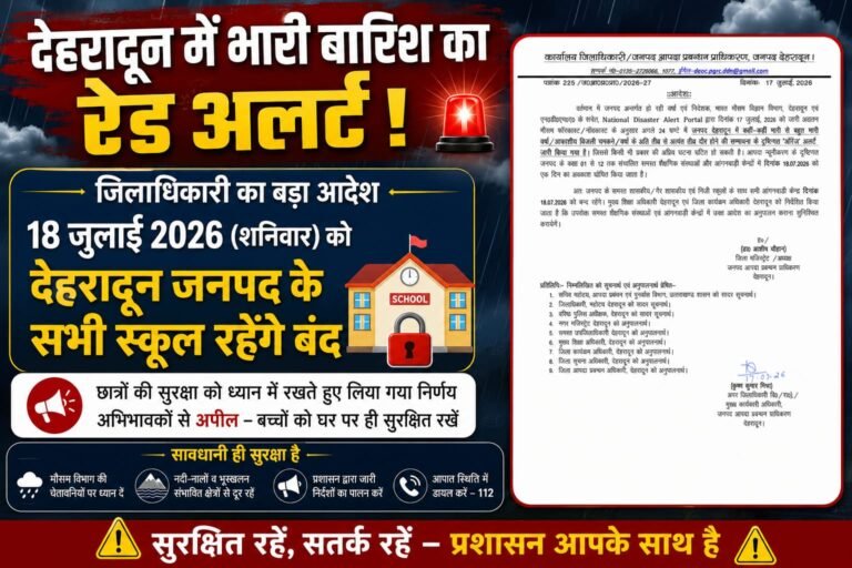 “देहरादून में बारिश का रेड अलर्ट! 18 जुलाई को सभी स्कूल बंद, जिलाधिकारी का बड़ा आदेश”