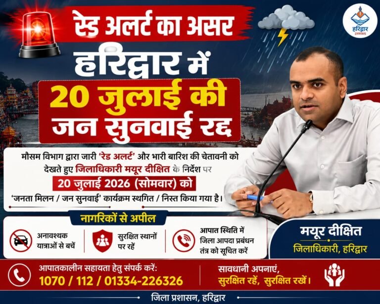 “रेड अलर्ट का असर: हरिद्वार में 20 जुलाई की जन सुनवाई रद्द, डीएम मयूर दीक्षित ने जारी किए अहम निर्देश”