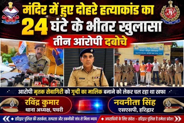 Haridwar”गद्दी की खुन्नस में दो साधुओं का कत्ल! मंदिर में रची खौफनाक साजिश का 24 घंटे में पर्दाफाश, खून से सनी वारदात में तीन हत्यारोपी गिरफ्तार”