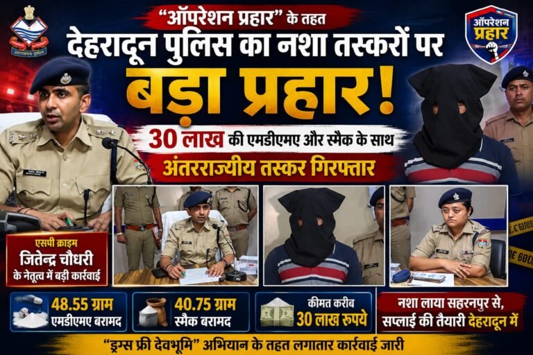 Dehradun:”एसपी क्राइम जितेंद्र चौधरी के नेतृत्व में नशा तस्करों पर बड़ा प्रहार! 30 लाख की एमडीएमए-स्मैक के साथ अंतरराज्यीय तस्कर गिरफ्तार”