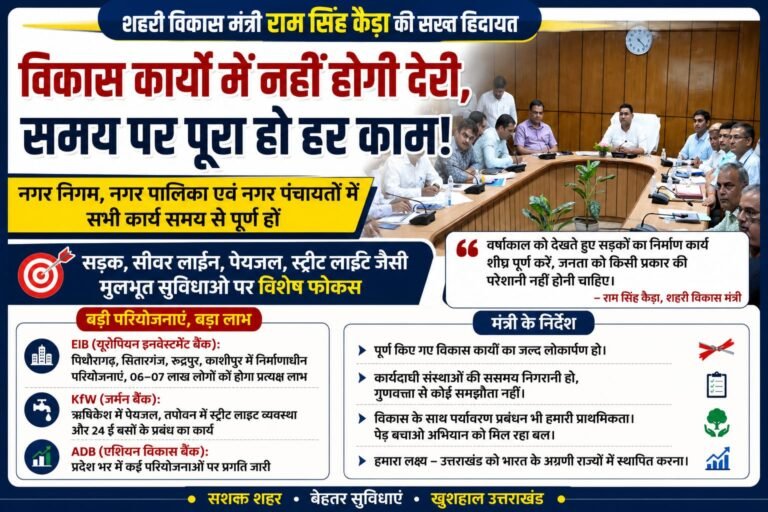 Dehradun:शहरी विकास मंत्री राम सिंह कैड़ा का बड़ा ऐलान: नगर निगम से नगर पंचायत तक विकास कार्यों में नहीं होगी देरी, सड़क-सीवर-पेयजल और स्ट्रीट लाइट पर फोकस”