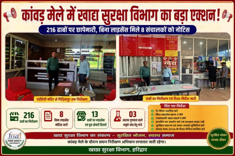 “कांवड़ मेले में खाद्य सुरक्षा विभाग का बड़ा एक्शन! 216 ढाबों पर छापेमारी, बिना लाइसेंस मिले 8 संचालकों को नोटिस”