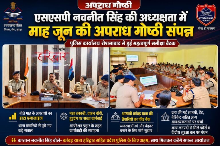 Haridwar:कप्तान नवनीत सिंह का अपराधियों पर कड़ा प्रहार, कांवड़ यात्रा की तैयारियों पर भी कसा शिकंजा—अपराध गोष्ठी में थाना प्रभारियों को दिए सख्त निर्देश
