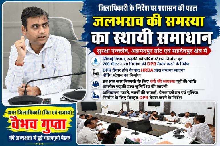 Haridwar”सुरक्षा एनक्लेव से अहमदपुर ग्रांट तक जलभराव पर प्रशासन सख्त, स्थायी समाधान को बनेगा पंपिंग स्टेशन और 700 मीटर नाला”