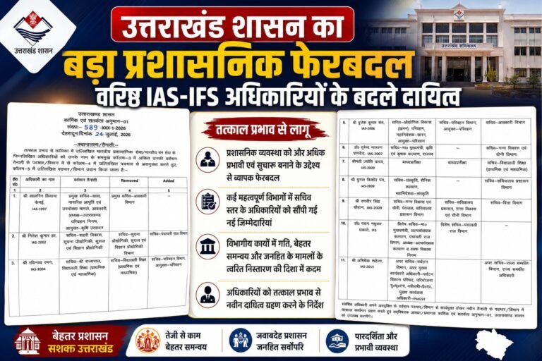 “Uttrakhand शासन में बड़ा प्रशासनिक फेरबदल, कई वरिष्ठ IAS-IFS अधिकारियों के बदले दायित्व”