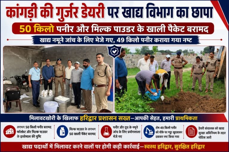 “Haridwar:कांगड़ी की गुर्जर डेयरी पर छापा, 50 किलो पनीर बरामद; मिल्क पाउडर के खाली पैकेट मिले, सैंपल जांच को भेजे”