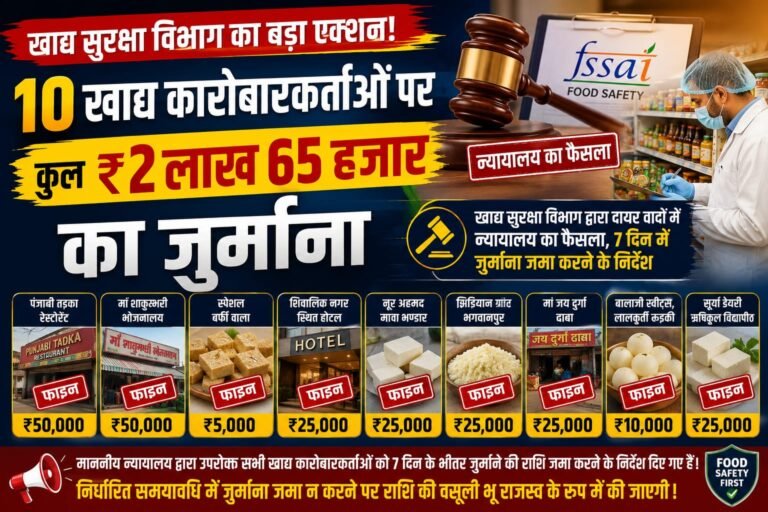 “खाद्य सुरक्षा विभाग का बड़ा एक्शन! 10 कारोबारियों पर ₹2.65 लाख का जुर्माना, 7 दिन में रकम जमा करने के सख्त आदेश”